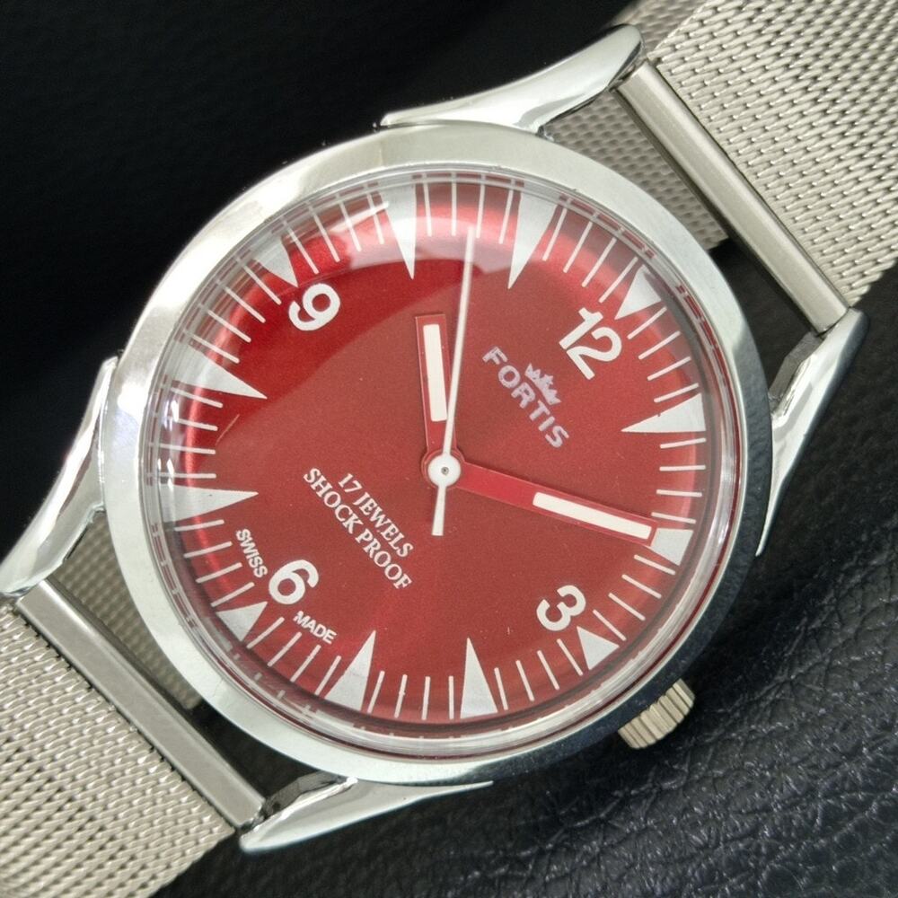 Vintage 1971 Fortis Manual Mens Silver Watch W/Steel Strap & Red accents
